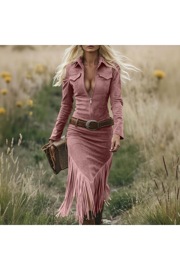 Women's Solid Color Slim Fit Zipper Lapel Long Sleeve Vintage Casual Long Western Cowgirl Fringe Dress Gifts
