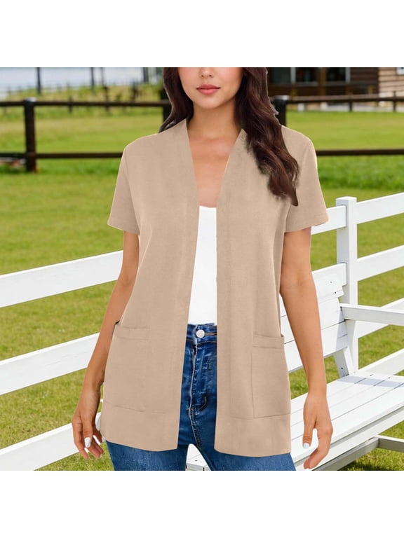 Women's Solid Color V-Neck Short Sleeve Pocketed Open Front Cardigan Loose Fit Casual Top Gifts