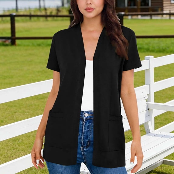 Craaazy Women's Solid Color V-Neck Short Sleeve Pocketed Open Front Cardigan Loose Fit Casual Top Gifts