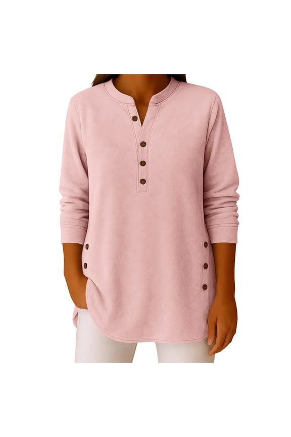 Women's Solid Color V-neck Side Split Long Sleeved Casual Loose Shirt with Buttons Gifts