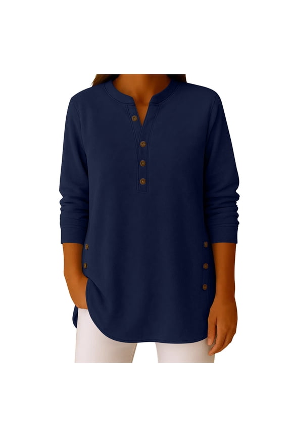 Women's Solid Color V-neck Side Split Long Sleeved Casual Loose Shirt with Buttons Gifts