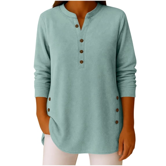 Craaazy Women's Solid Color V-neck Side Split Long Sleeved Casual Loose Shirt with Buttons Gifts