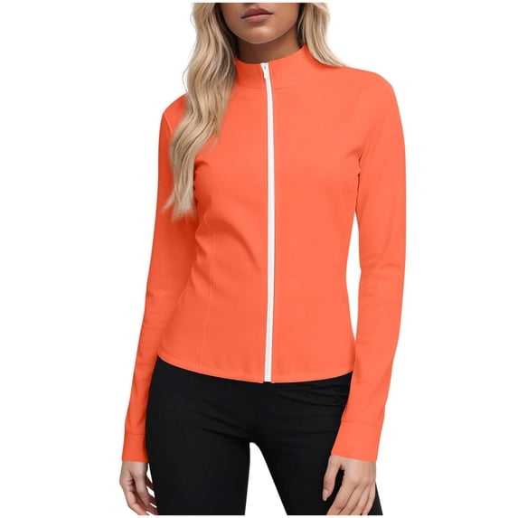 Craaazy Women's Solid Color Zipper Stand Collar Sun Protection Long Sleeve Sports Workout Tops Gifts