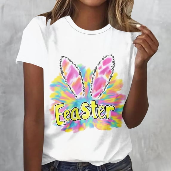 Craaazy Women's Spring Casual Easter Print Crew Neck Short Sleeve T-Shirt for Vacation and Everyday Outfits Gifts