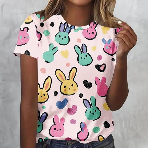 Craaazy Women's Spring Casual Easter Print Crew Neck Short Sleeve T-Shirt for Vacation and Everyday Outfits Gifts