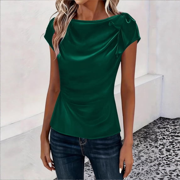 Craaazy Women's Spring Summer Casual Fitted Solid Color Boat Neck Short Sleeve Top for Vacation and Everyday Outfits Gifts