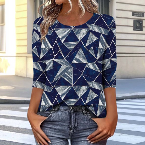 Craaazy Women's Spring/Summer Fashion Prints Loose Casual Crewneck 3/4 Sleeve Tops Gifts