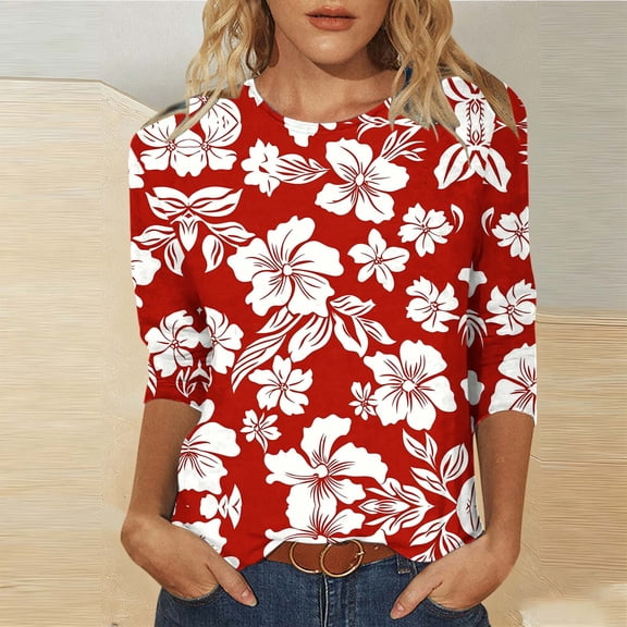 Craaazy Women's Spring/Summer Hawaiian Print Loose Casual Round Neck 3/4 Sleeve T-Shirts Gifts