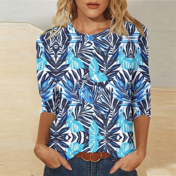 Craaazy Women's Spring/Summer Hawaiian Print Loose Casual Round Neck 3/4 Sleeve T-Shirts Gifts