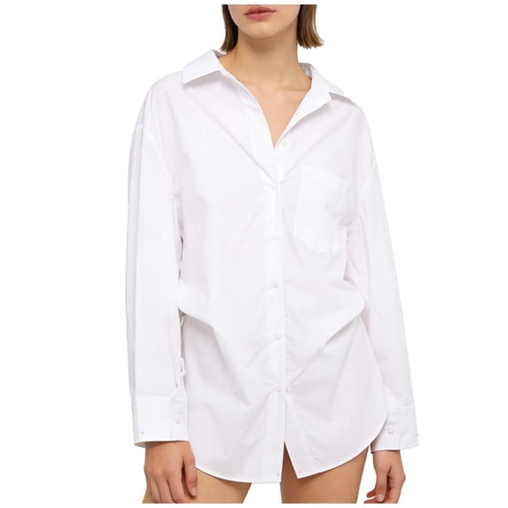 Craaazy Women's Spring and Summer Long Sleeved Button Solid Color Loose Lapel Shirt with Pocket Gifts