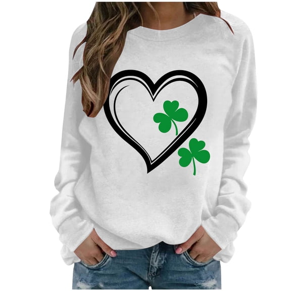 Craaazy Women's St. Patrick's Day Love Heart Printed Crewneck Long Sleeve Shirts Gifts