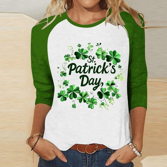 Craaazy Women's St. Patrick's Day Tshirts Irish Clover Prints Crew Neck 3/4 Sleeve Shirts