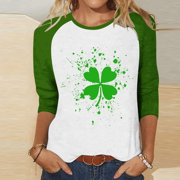 Craaazy Women's St. Patrick's Day Tshirts Irish Clover Prints Crew Neck 3/4 Sleeve Shirts