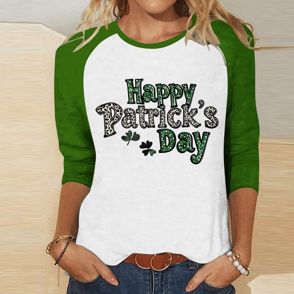 Craaazy Women's St. Patrick's Day Tshirts Irish Clover Prints Crew Neck 3/4 Sleeve Shirts
