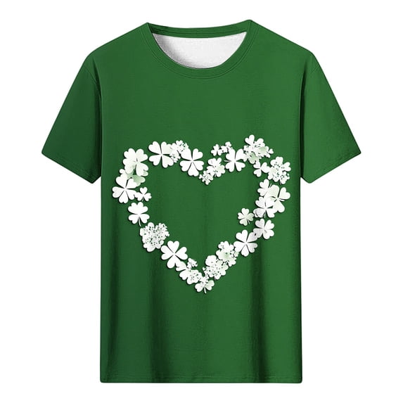 Craaazy Women's St Patrick's Short Sleeve Sweatshirts Shamrock Graphic Round Neck Loose Summer Holiday Clothing Gifts