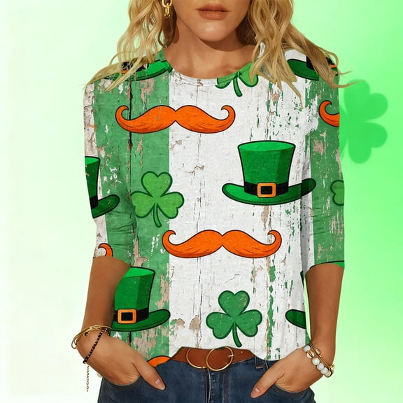 Craaazy Women's St Patricks Day Clothes with Irish Clover Prints Crew Neck 3/4 Sleeve Shirts