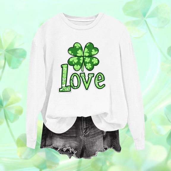 Craaazy Women's St Patricks Day Sweatshirts Casual Loose Round Neck Long Sleeve Tops with Comfy Shamrock Prints