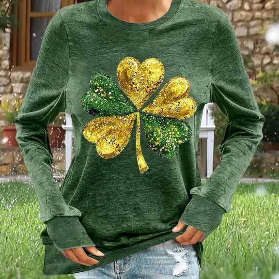 Craaazy Women's St Patricks Day Tops Clover Crewneck Long Sleeve Shirts Gifts