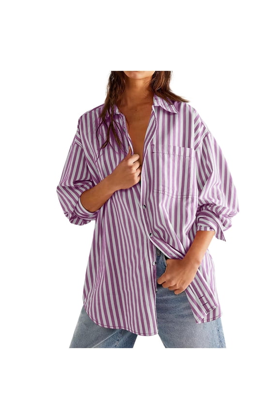 Women's Striped Collared Button Down Shirts Long Sleeve Tops Loose Fit for Casual Daily Wear