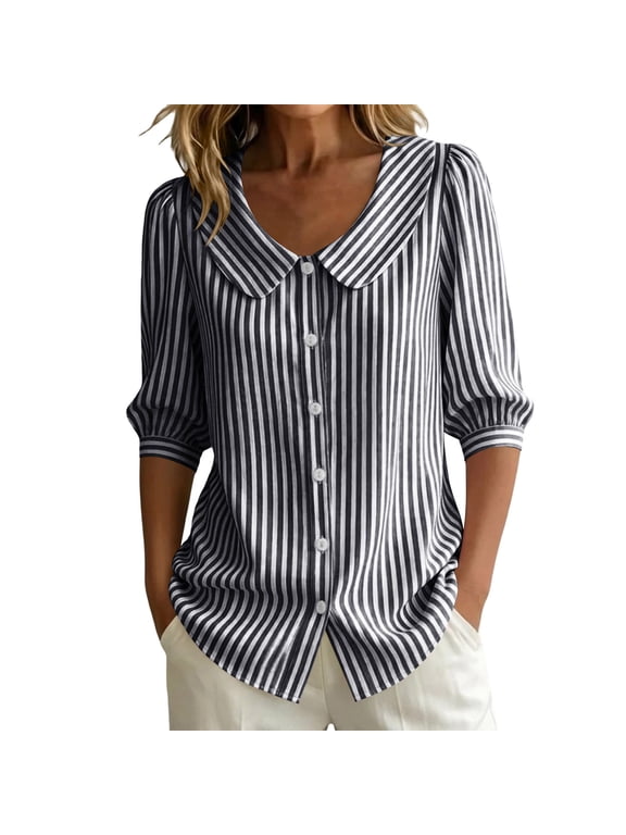 Women's Striped Tops 3/4 Sleeve Peter Pan Collar Button Down Shirts with Bubble Sleeves Casual Blouses for Spring Summer Daily Wear