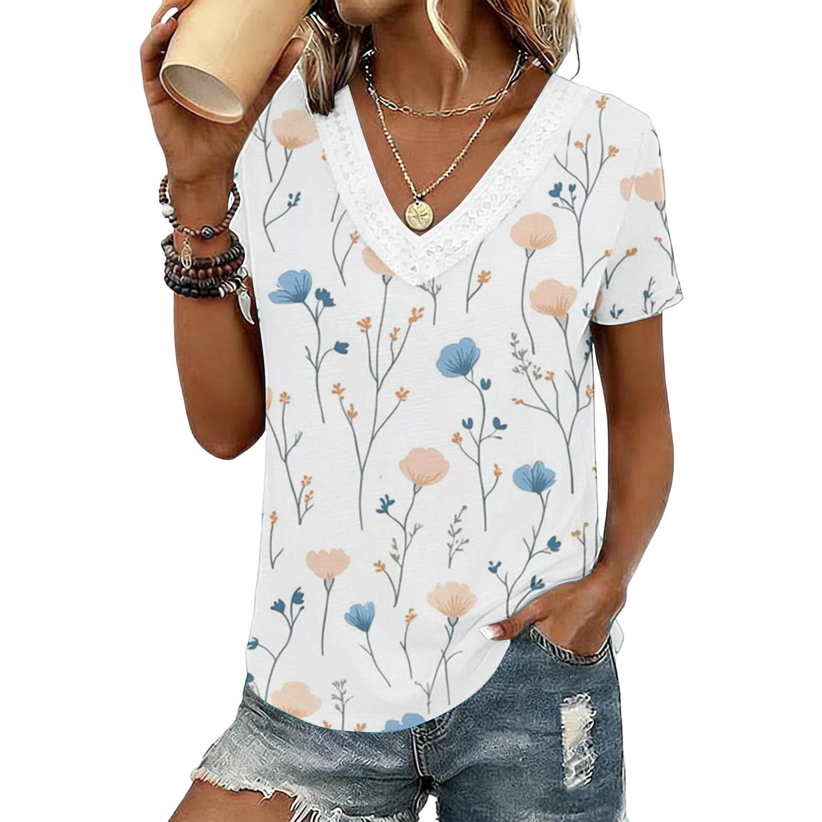 Craaazy Women's Summer Casual V Neck Tops Lace Trim Floral Print Loose ...