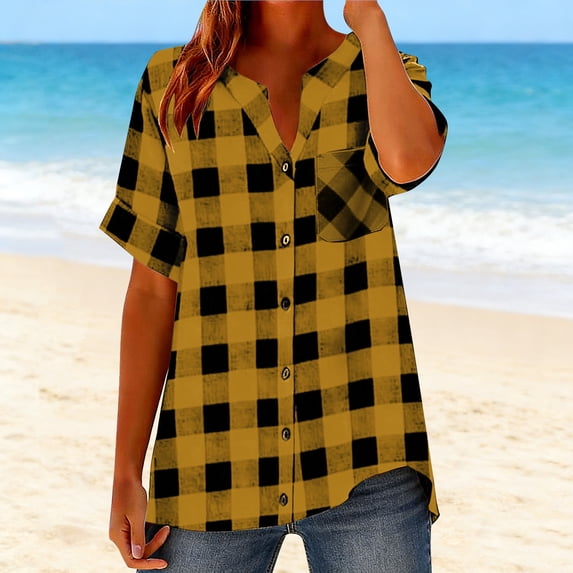Craaazy Women's Summer Plaid Blouse, Short Sleeve Button Down Tops, Loose Casual Linen Cotton Shirt for Outdoor Gifts