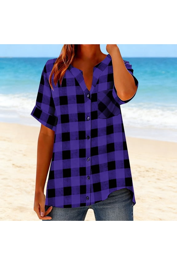 Women's Summer Plaid Blouse, Short Sleeve Button Down Tops, Loose Casual Linen Cotton Shirt for Outdoor Gifts