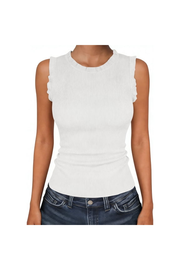 Women's Summer Ribbed Tank Tops Round Neck Ruffle Trim Sleeveless Blouses Slim Fit for Daily Wear