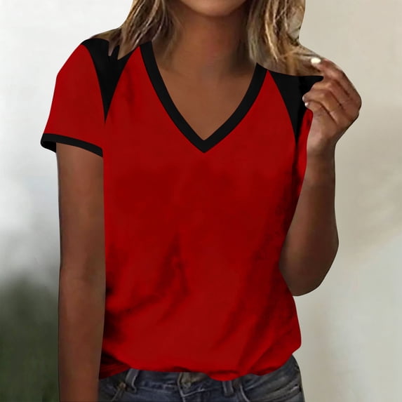 Craaazy Women's Summer Short Sleeve T Shirts Loose Fit V Neck Raglan Color Block Casual Blouses Gift