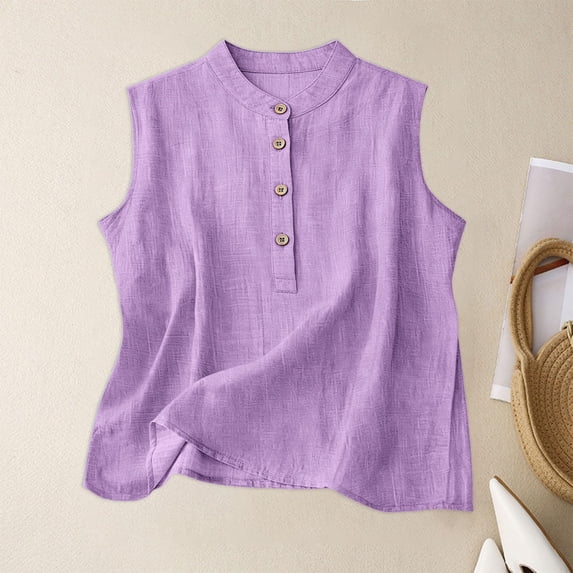 Craaazy Women's Summer Sleeveless Topss, Round Neck Button Accent Casual Shirt, Loose Fit Linen Blend Tee for Everyday Outfits Gifts