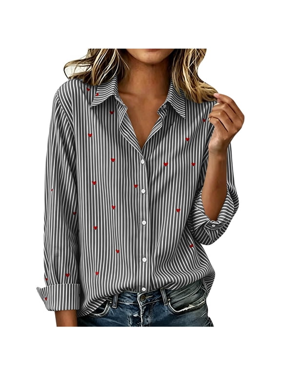 Women's Summer Striped Button Down Shirts Collared Neck Heart Print Long Sleeve Tops Loose Fit for Daily Wear