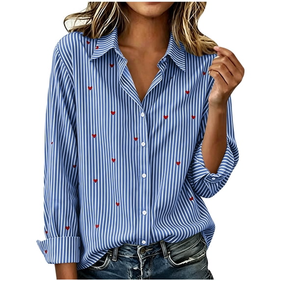 Craaazy Women's Summer Striped Button Down Shirts Collared Neck Heart Print Long Sleeve Tops Loose Fit for Daily Wear