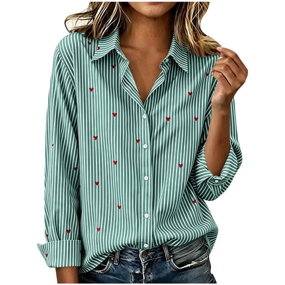 Craaazy Women's Summer Striped Button Down Shirts Collared Neck Heart Print Long Sleeve Tops Loose Fit for Daily Wear