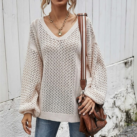 Craaazy Women's Sweater Elegant Solid Color Knitted V Neck Pullover Comfy Soft Long Sleeve Fall Winter Tops Gifts