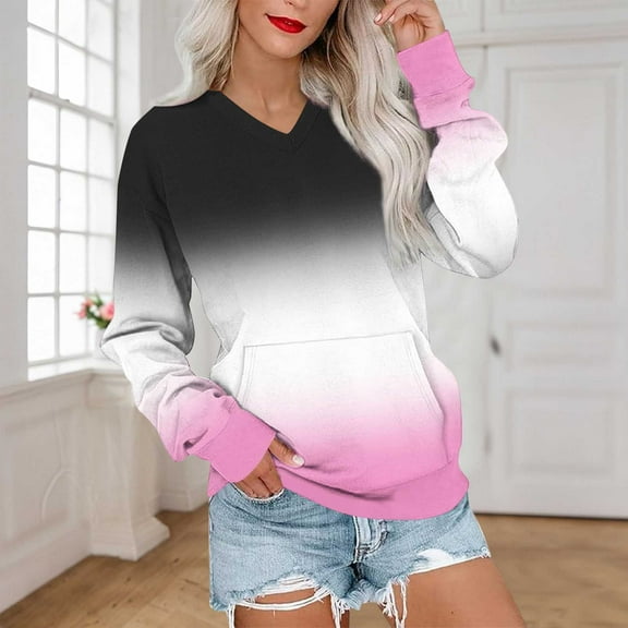 Craaazy Women's Sweatshirts Tie Dye Gradient Long Sleeve V Neck Shirts Fall Winter Tops with Pockets Casual Pullover Sweatshirt Gifts For Women