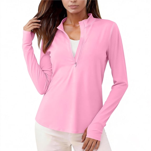 Craaazy Women's Trendy Spring Summer Quarter Zipper Solid Color Sun Protection Lapel Long Sleeve Tops Gifts