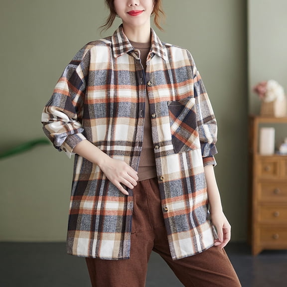 Craaazy Women's Turndown Collar Casual Plaid Cozy Long Sleeve Tops Gifts