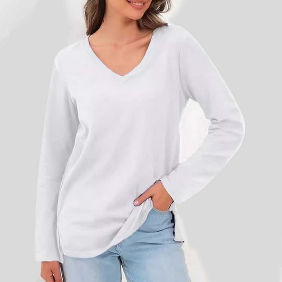 Craaazy Women's V Neck Long Sleeve Shirts Casual Curved Hem Tunic Tops Basic Loose Fit T Shirts Casual Tops Gifts