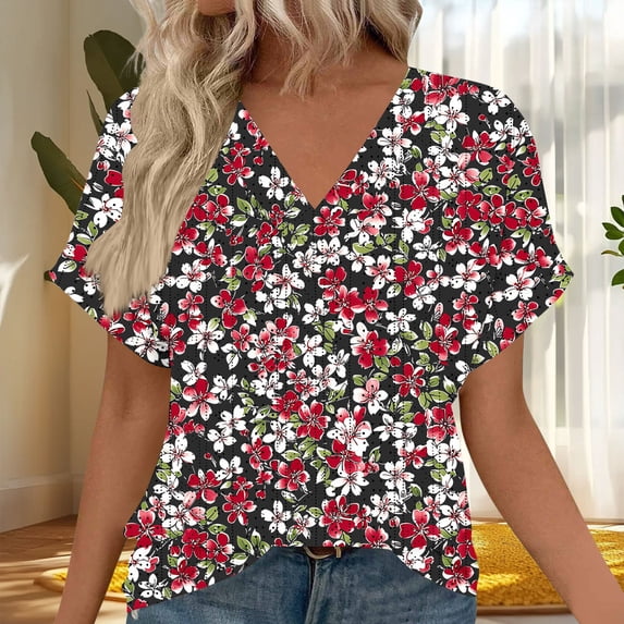 Craaazy Women's V-Neck Short Sleeve Blouse with Floral Print, Loose Fit for Spring and Summer Gifts