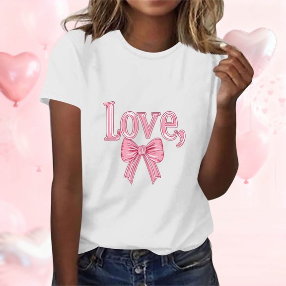 Craaazy Women's Valentine Print Short Sleeve T-Shirts Casual Round Neck Tops Gifts