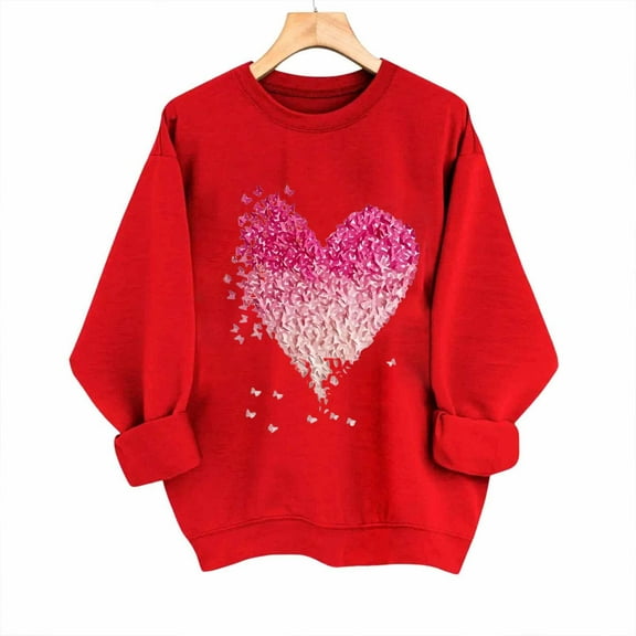 Craaazy Women's Valentine Printed Long Sleeve Tops Casual Crewneck Heart Graphics Shirt Gifts