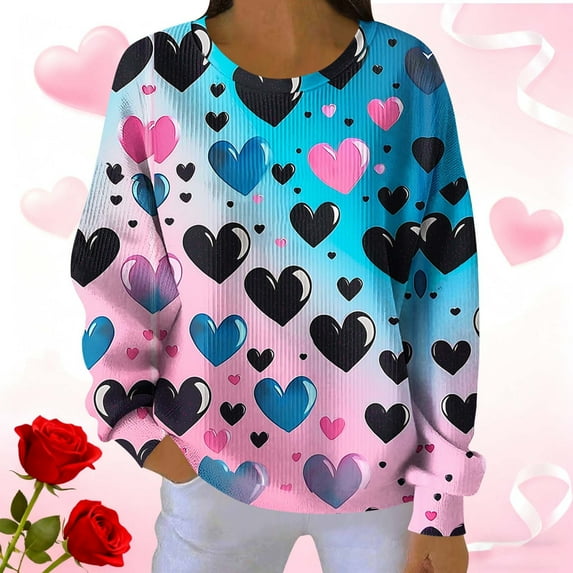 Craaazy Women's Valentine's Day Long Sleeve Shirt Cute Love Heart Graphic Loose Tops Gifts