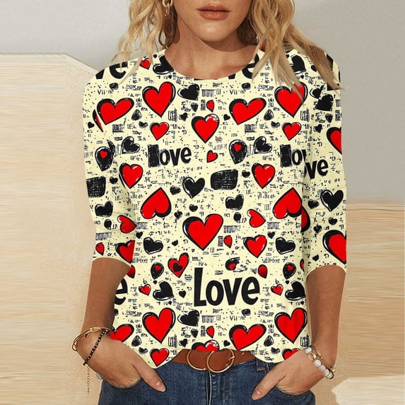 Craaazy Women's Valentine's Printing Shirts 3/4 Sleeve Round Neck Pullover Tops Gifts