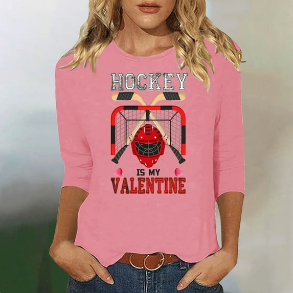 Craaazy Women's Valentines Clothes Round Neck 3/4 Sleeve Casual Love Heart Printed Tops Gifts