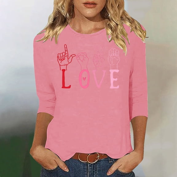 Craaazy Women's Valentines Clothes Round Neck 3/4 Sleeve Casual Love Heart Printed Tops Gifts