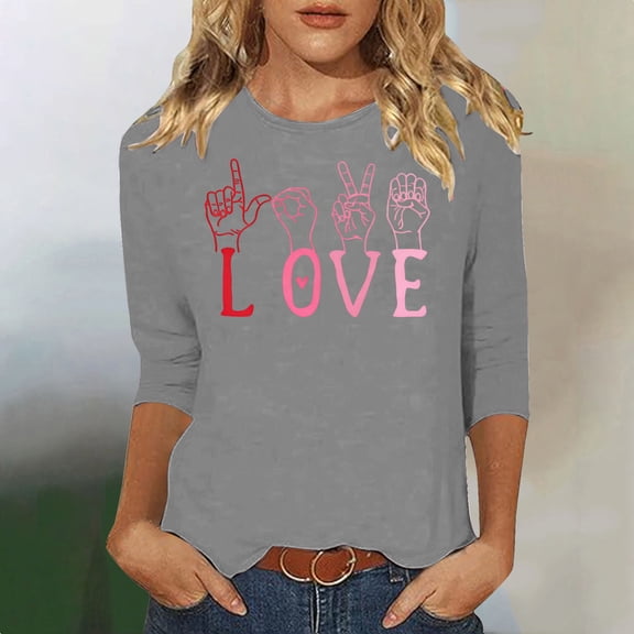 Craaazy Women's Valentines Clothes Round Neck 3/4 Sleeve Casual Love Heart Printed Tops Gifts