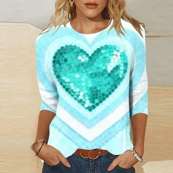 Craaazy Women's Valentines Day Crew Neck 3/4 Sleeve Cozy Love Shirts Gifts