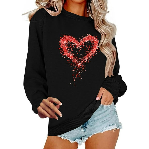 Craaazy Women's Valentines Day Sweatshirt Long Sleeve Round Neck Tops with Love Heart Prints Gifts