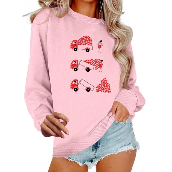 Craaazy Women's Valentines Day Sweatshirt Long Sleeve Round Neck Tops with Love Heart Prints Gifts
