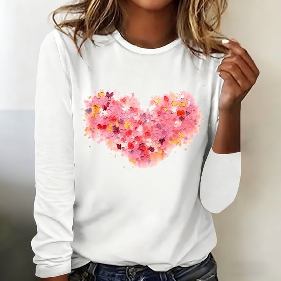 Craaazy Women's Valentines Day Tshirt Crew Neck Long Sleeve Shirts with Hearts Graphic Gifts